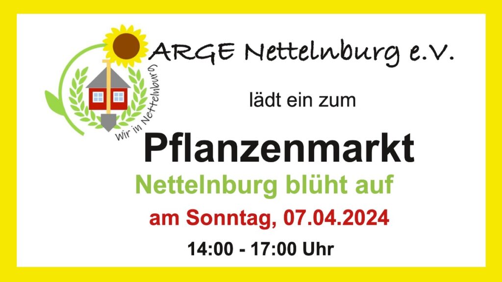 Bild: Logo der ARGE Nettelnburg mit Text: Einladung der ARGE zum Pflanzenmarkt: Nettelnburg blüht auf. Am Sonntag, 7. April 2024 von 14 bis 17 Uhr.