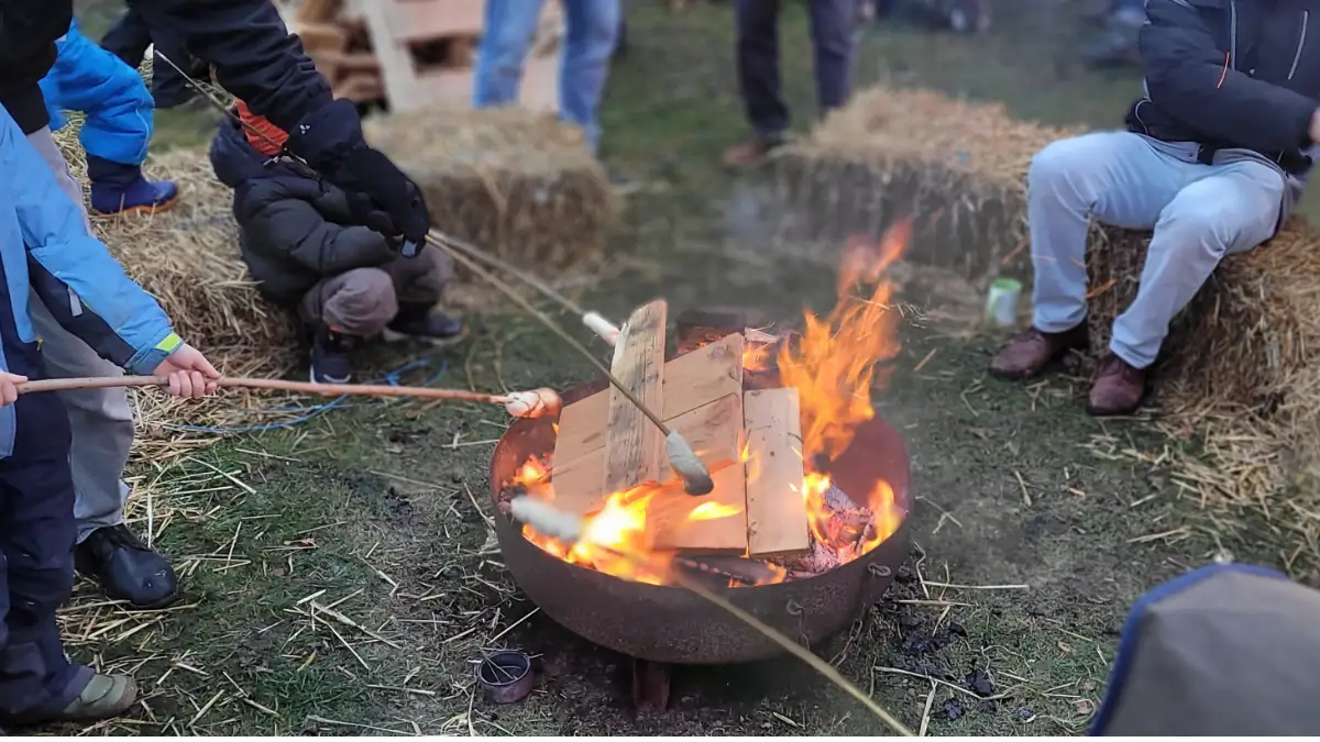 Das Bild zeigt eine Feuerschale in der ein großes Feuer brennt.