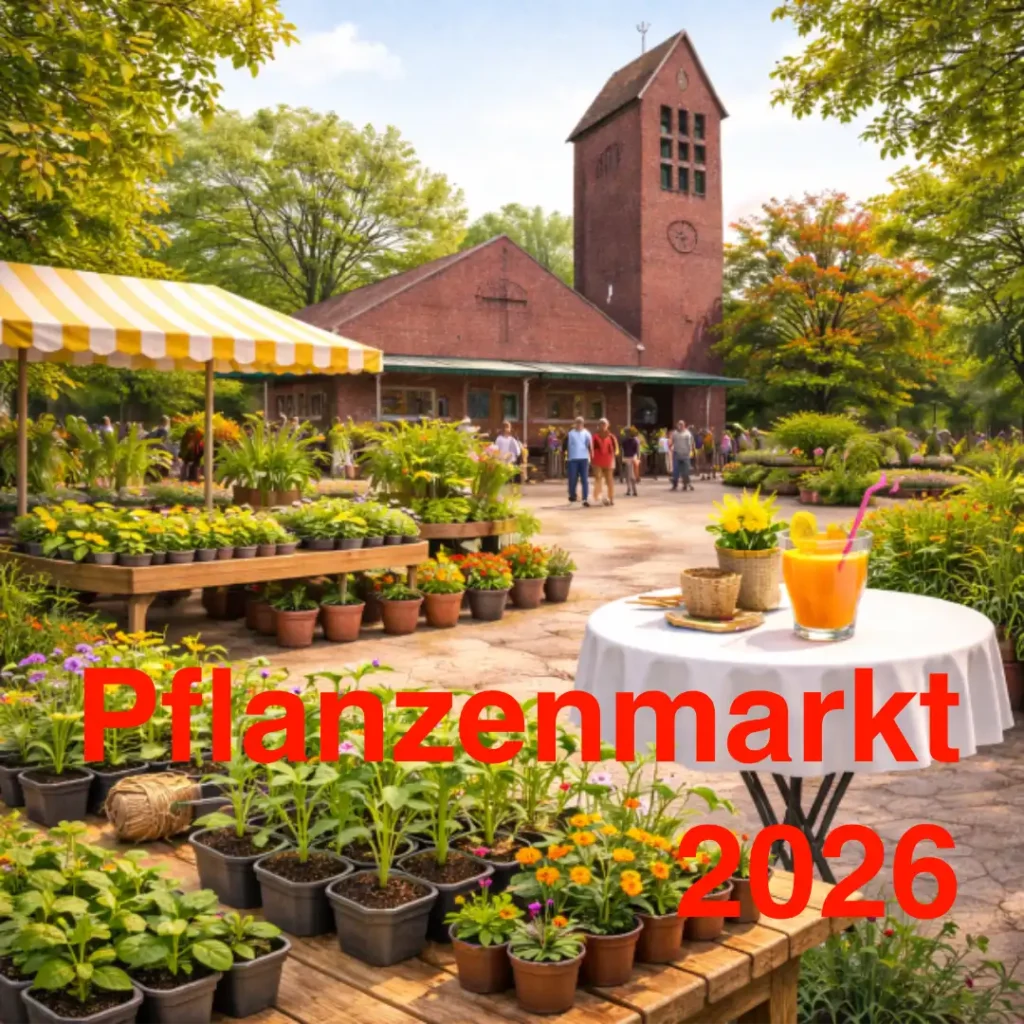 Das mit KI generierte Bild zeigt die Bugenhagenkirche im Hintergrund. Auf dem Vorplatz, sind zahlreiche blühende Pflanzen zu sehen. Auf einem runden Tisch mit weißem Tischtuch steht ein Cocktail mit Trinkhalm und Früchten garniert. Text: "Pflanzenmarkt 2026".