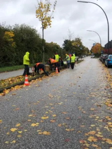 Das Bild zeigt eine Gruppe von Menschen mit gelben Westen oder anderer auffälliger Kleidung, die an einem Grünstreifen mitten in einer öffentlichen Straße Pflanzen einsetzen und gärtnern.