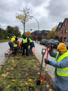 Das Bild zeigt eine Gruppe von Menschen mit gelben Westen oder anderer auffälliger Kleidung, die an einem Grünstreifen mitten in einer öffentlichen Straße Pflanzen einsetzen und gärtnern.