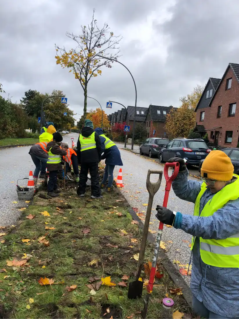 Das Bild zeigt eine Gruppe von Menschen mit gelben Westen oder anderer auffälliger Kleidung, die an einem Grünstreifen mitten in einer öffentlichen Straße Pflanzen einsetzen und gärtnern.