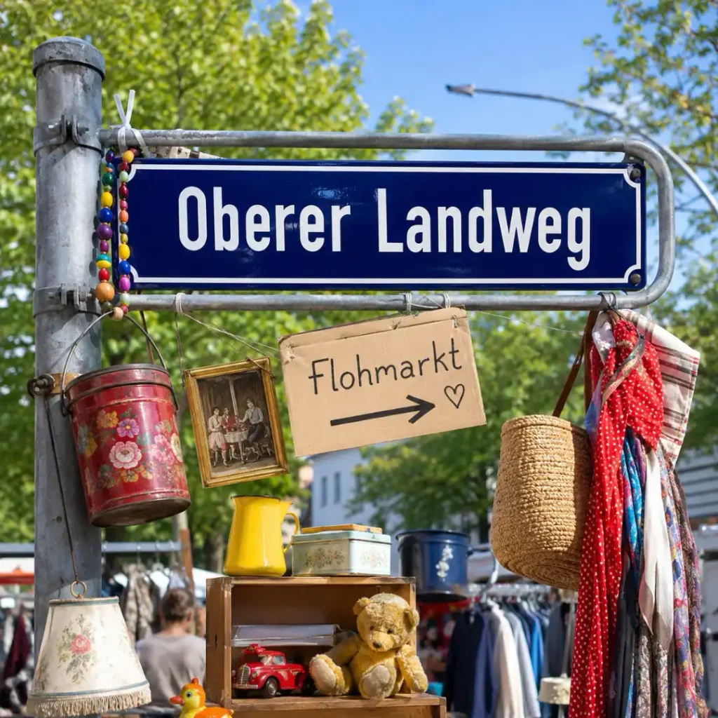 Das Bild zeigt ein Straßennamenschild "Oberer Landweg". Darunter ein bunt gemischter Flohmarktstand mit Dosen, Bildern, Tüchern, Spielzeug.